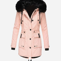 Karen | Women's Thick Faux Fur Hooded Drawstring Waist Parka Coat in Pink