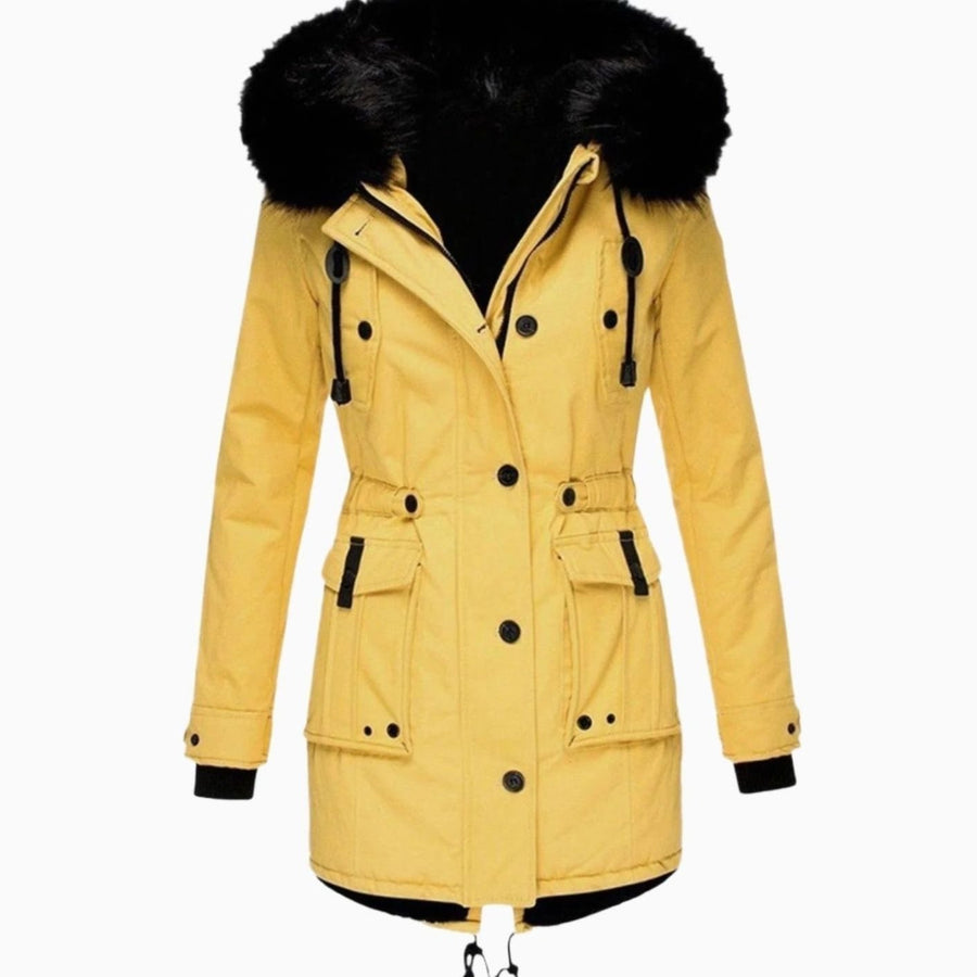 Karen | Women's Thick Faux Fur Hooded Drawstring Waist Parka Coat in Yellow