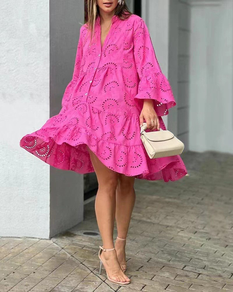 Karenina | Women's Embroidered Tiered Mini Dress in Dark Pink