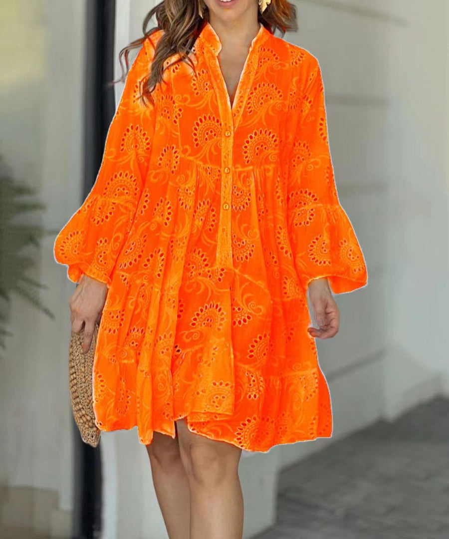 Karenina | Women's Embroidered Tiered Mini Dress in Orange
