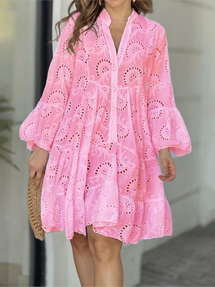 Karenina | Women's Embroidered Tiered Mini Dress in Pink