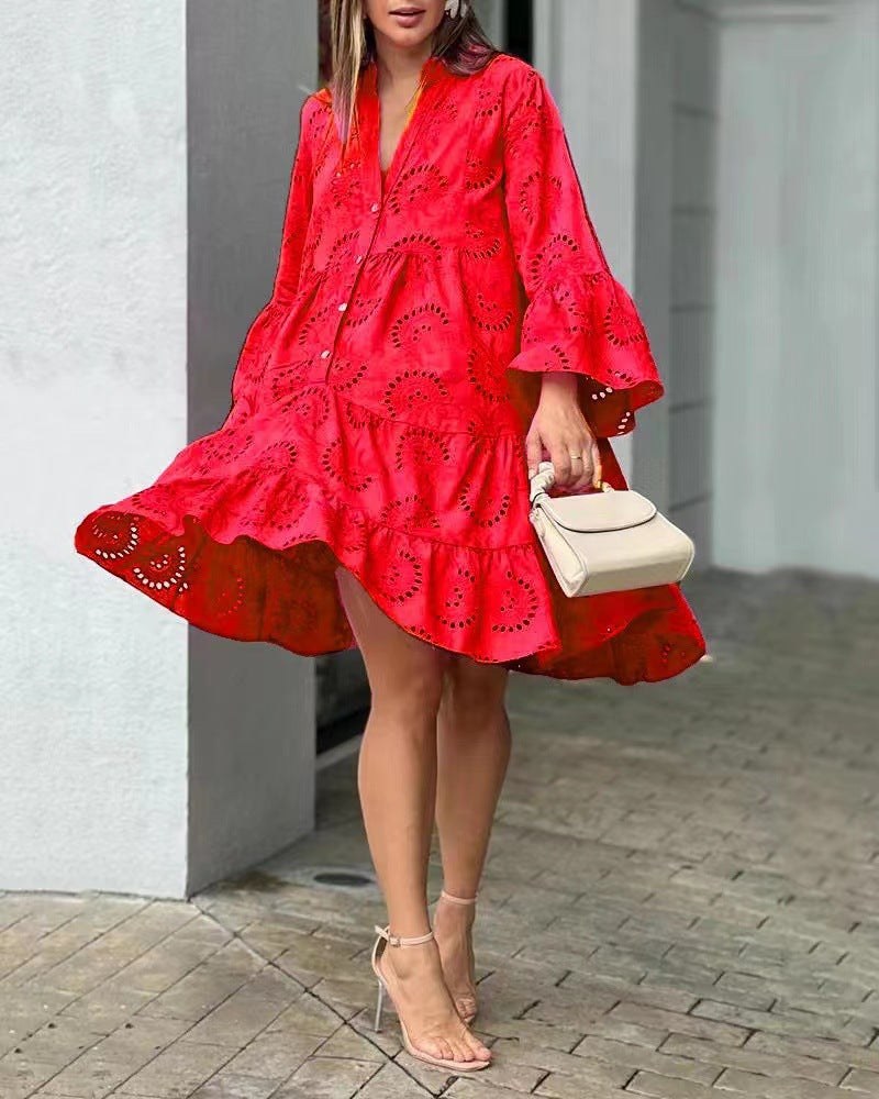 Karenina | Women's Embroidered Tiered Mini Dress in Red