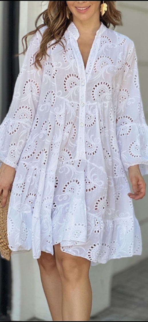 Karenina | Women's Embroidered Tiered Mini Dress in White