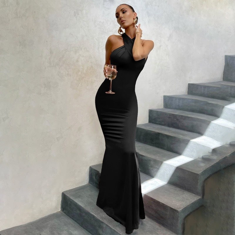Karin | Women's Fishtail Open Back Maxi Dress in Black
