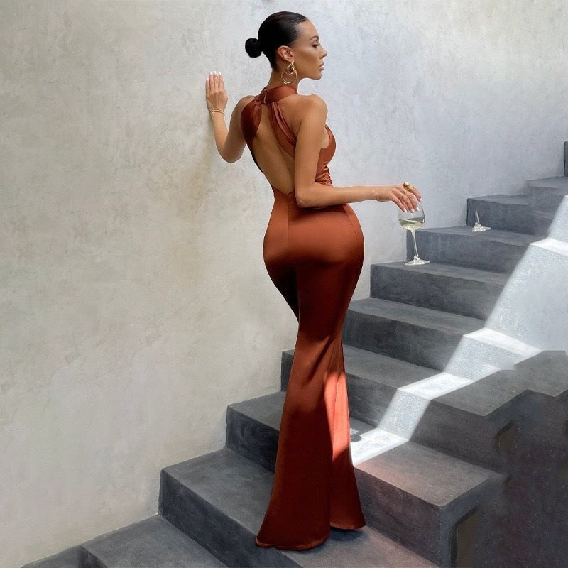 Karin | Women's Fishtail Open Back Maxi Dress in Brown Orange