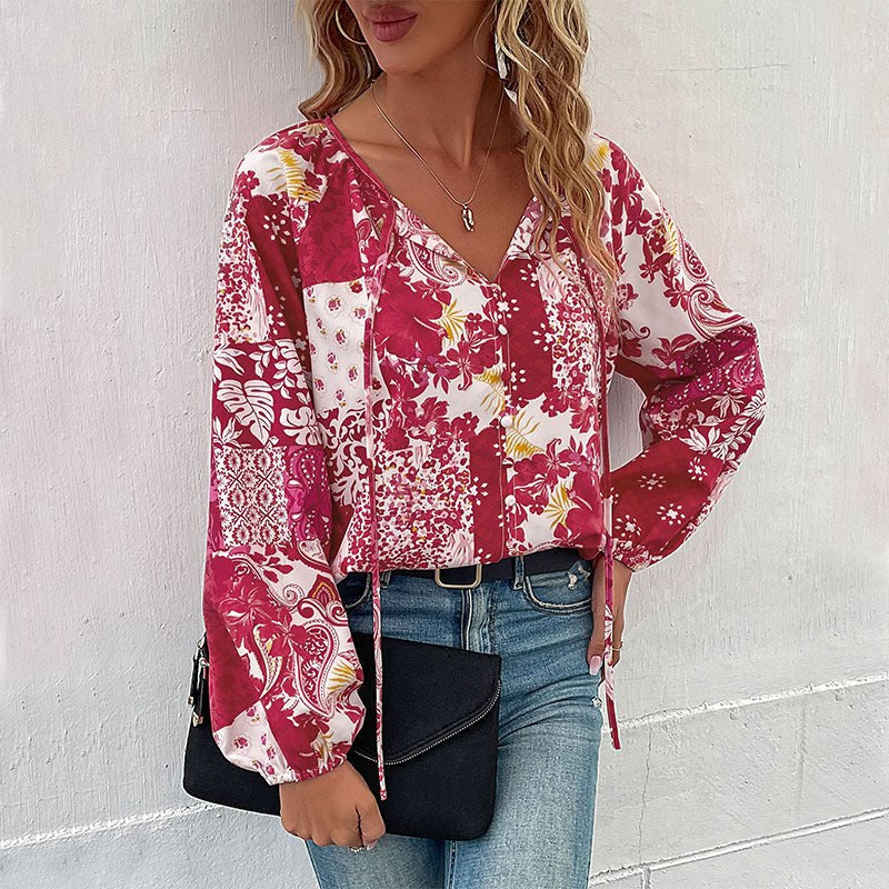 Katalin | Women's Floral Fashionable Blouse in Red