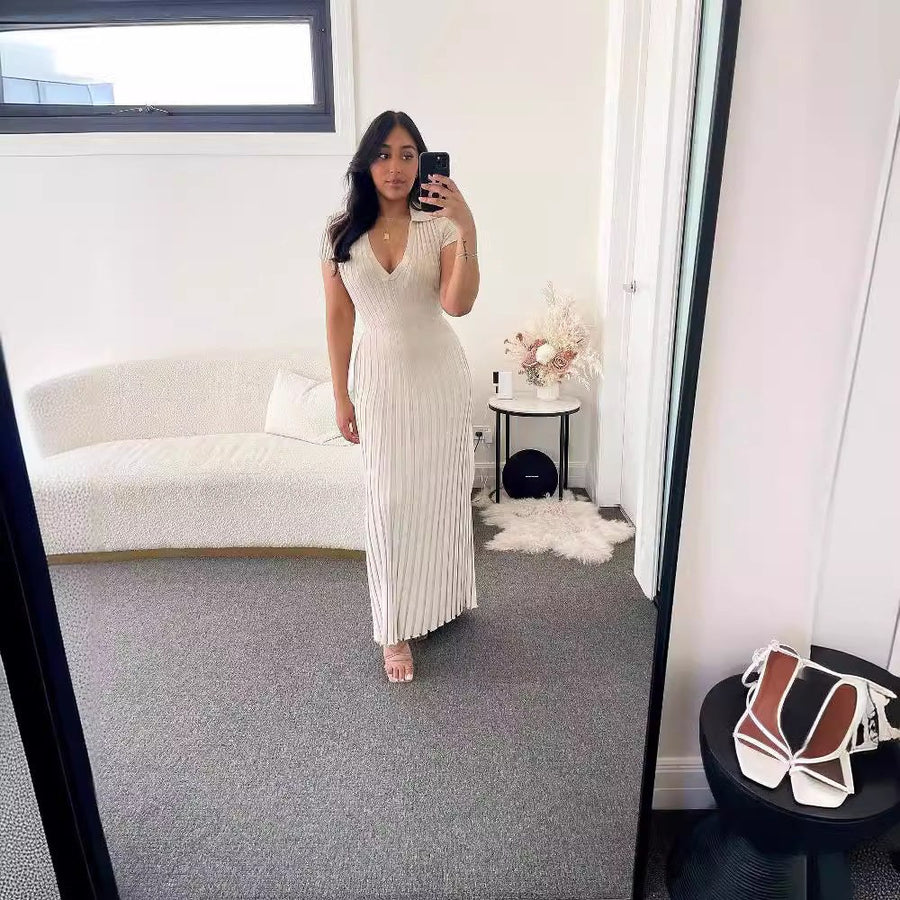 Katalin | Women's Textured V-Neck Maxi Dress in White