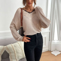 Katalina | Women's V-Neck Knit Fashionable Top in Apricot