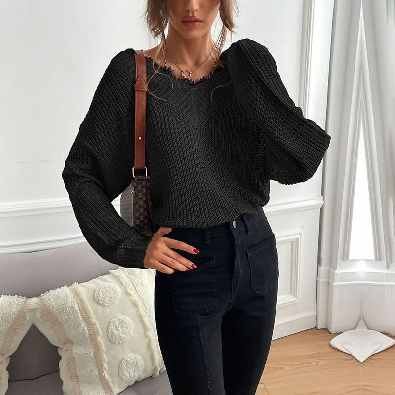 Katalina | Women's V-Neck Knit Fashionable Top in Black
