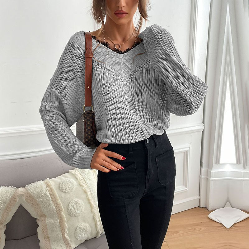 Katalina | Women's V-Neck Knit Fashionable Top in Light Gray