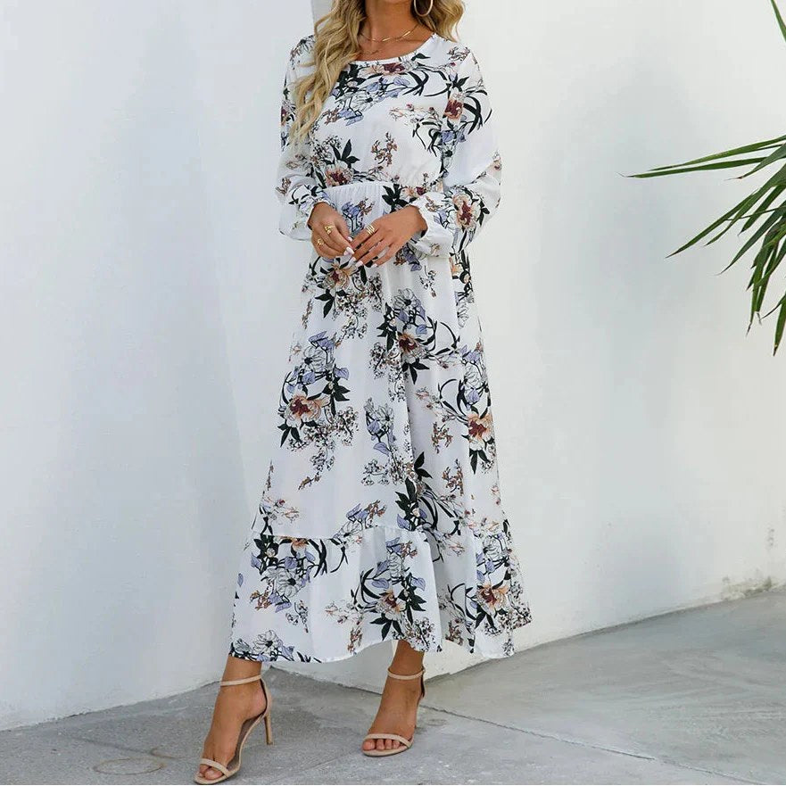 Katarina | Women's Floral Maxi Long Sleeve Dress in Black & White