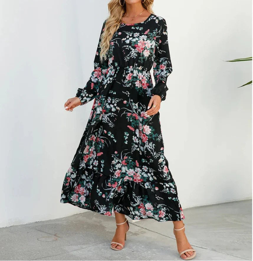 Katarina | Women's Floral Maxi Long Sleeve Dress in Black