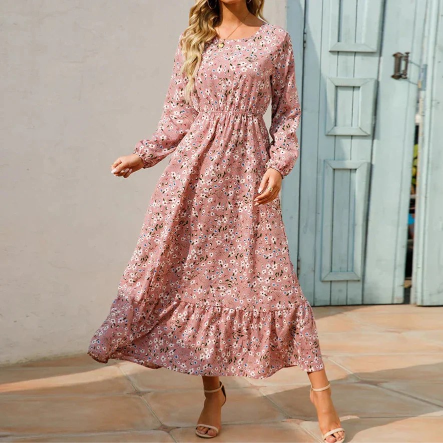 Katarina | Women's Floral Maxi Long Sleeve Dress in Pink