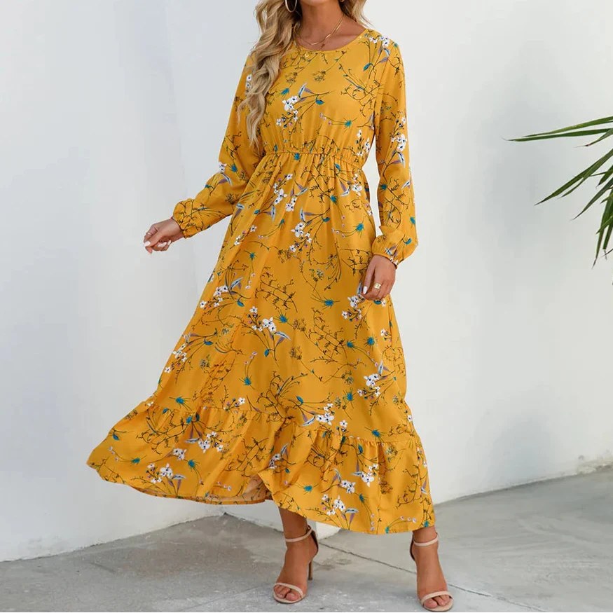 Katarina | Women's Floral Maxi Long Sleeve Dress in Yellow