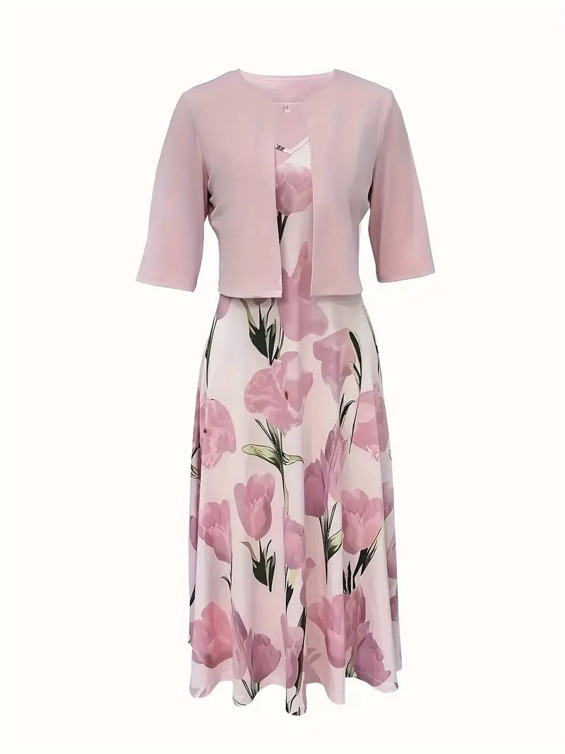 Katharina | Women's Pink Floral Maxi Dress with Jacket Set