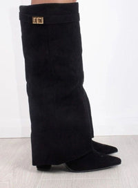 Katherine | Women's Suede Thigh-High Boots Gold Buckle Pointed Toe in Black