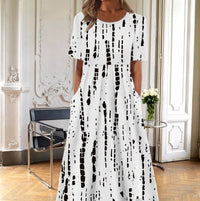 Katinka | Women's Floral Midi Short Sleeve Dress in Black Stripes