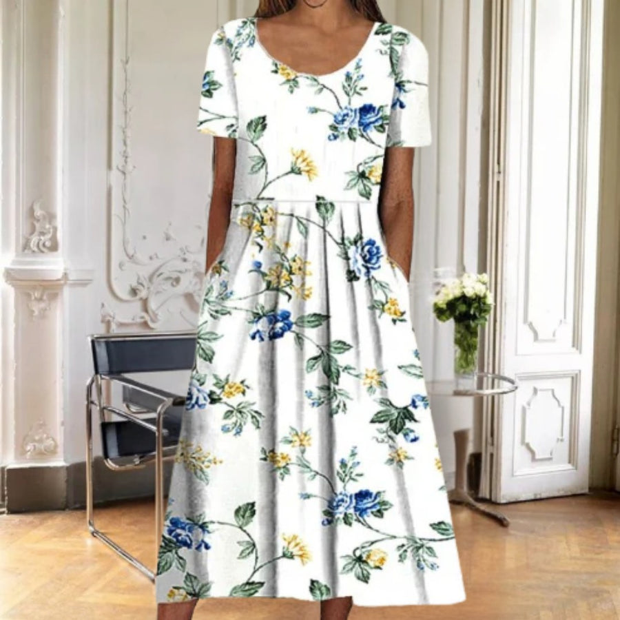 Katinka | Women's Floral Midi Short Sleeve Dress in Blue