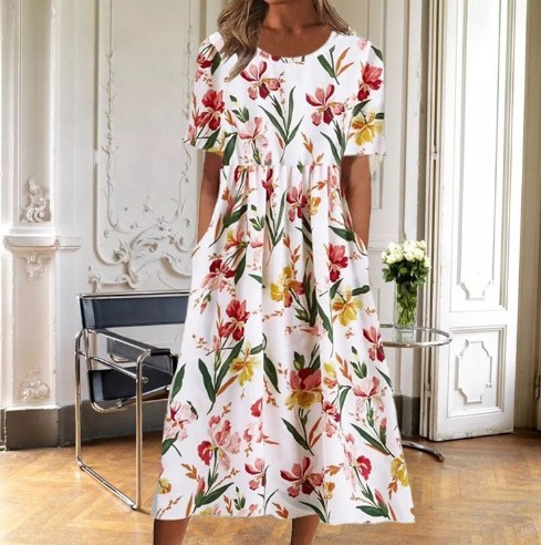 Katinka | Women's Floral Midi Short Sleeve Dress in Red