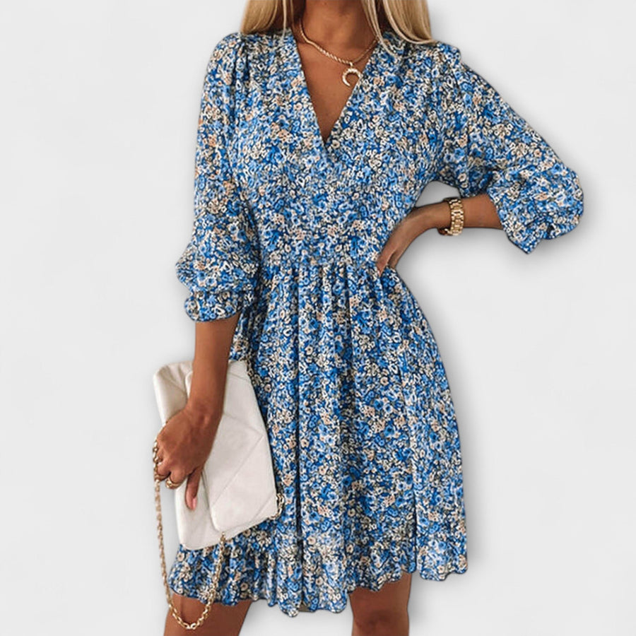 Katriona | Women's Floral Puff Sleeve Mini Dress in Blue