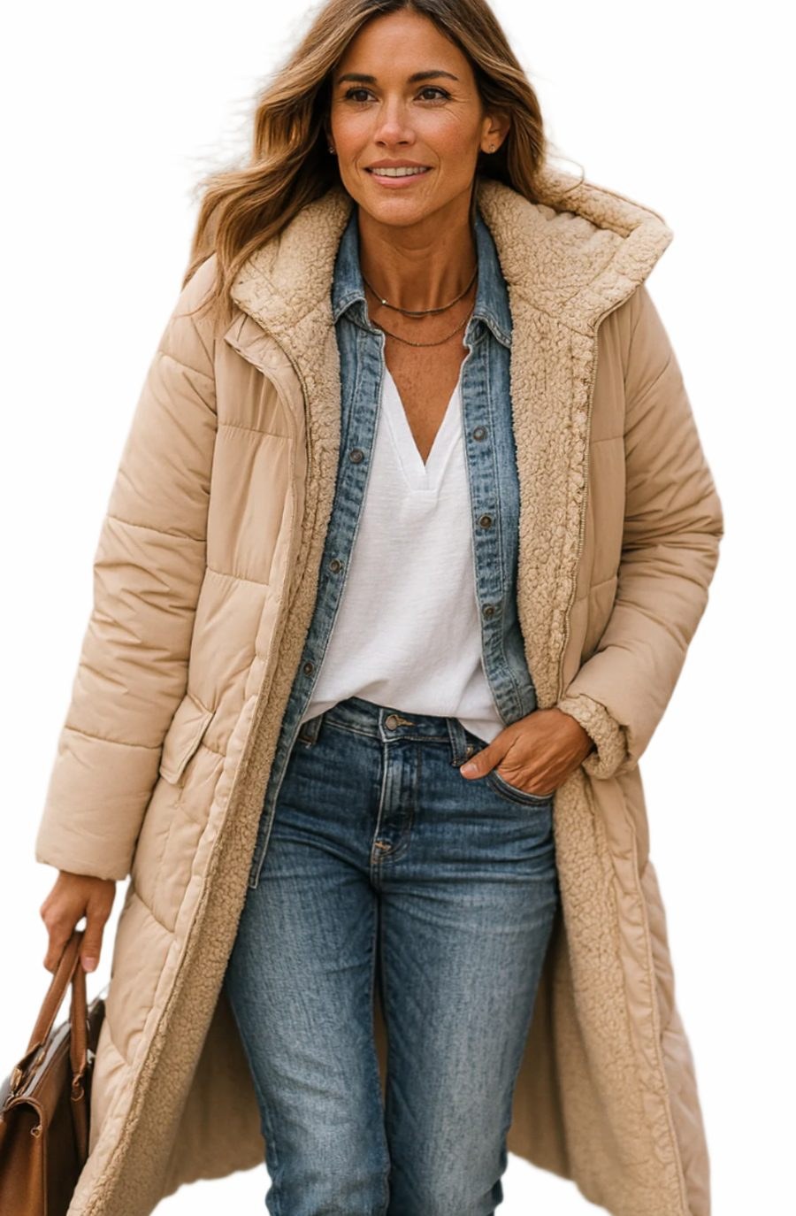 Kayla | Women's Long Hooded Quilted Sherpa-Lined Winter Coat in Beige