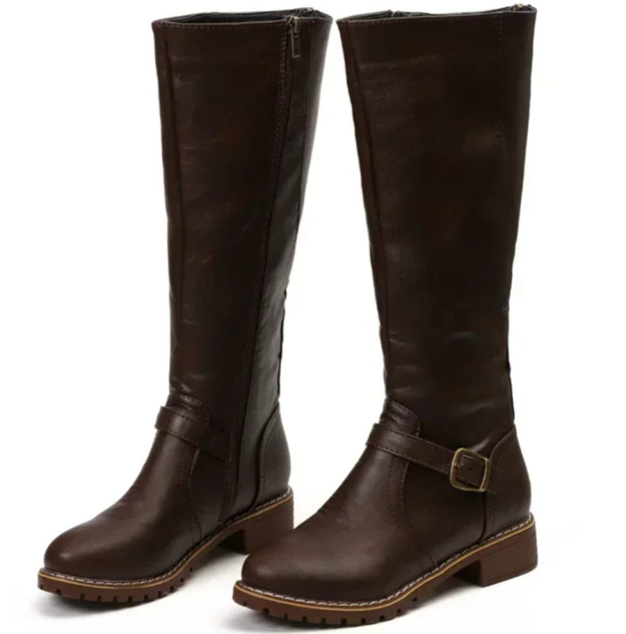 Kelsey | Women's Knee-High Buckle-Strap Block-Heel Leather Boots