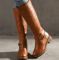 Kelsey | Women's Knee-High Buckle-Strap Block-Heel Leather Boots in Brown