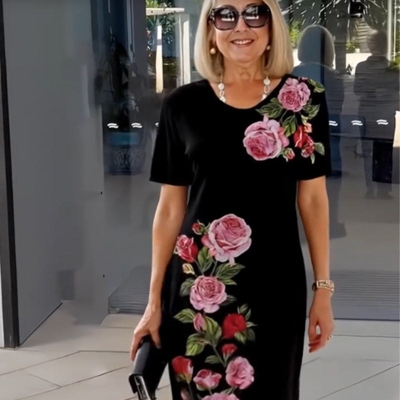 Keturah | Women's Floral Round Neck Dress in Black