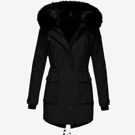Kimberly | Women's Faux Fur Hood Fitted Parka Winter Coat in Black