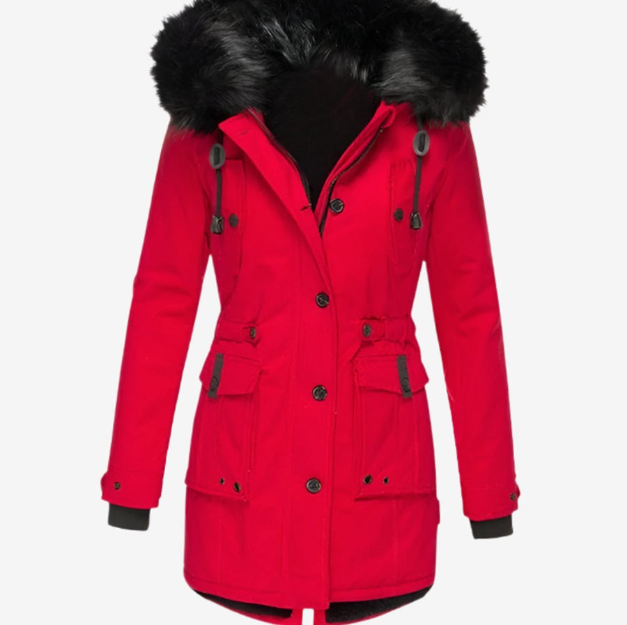 Kimberly | Women's Faux Fur Hood Fitted Parka Winter Coat in Red