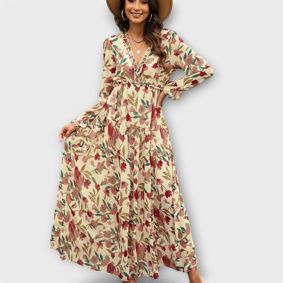 Kirsten | Women's Floral V-Neck Long Sleeve Maxi Dress in Apricot