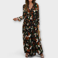 Kirsten | Women's Floral V-Neck Long Sleeve Maxi Dress in Black