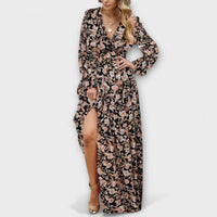 Kirsten | Women's Floral V-Neck Long Sleeve Maxi Dress in Brown