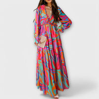 Kirsten | Women's Floral V-Neck Long Sleeve Maxi Dress in Dark Pink