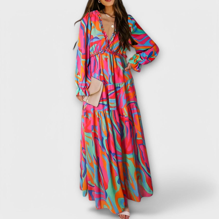 Kirsten | Women's Floral V-Neck Long Sleeve Maxi Dress in Dark Pink