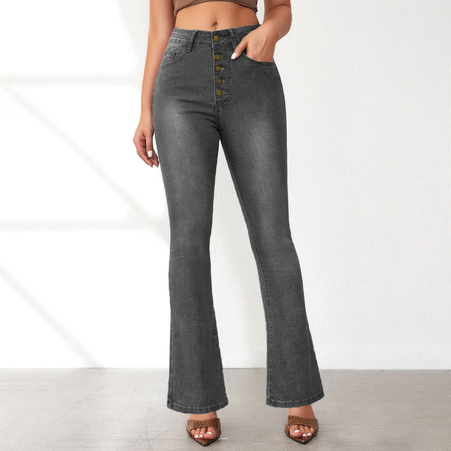 Kitty | Women's Button Detail Fashionable Jeans in Light Gray