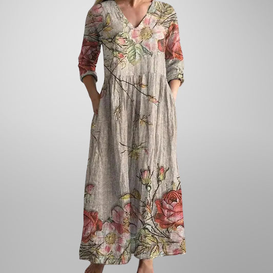 Kitty | Women's Floral V-Neck Maxi Dress in Beige