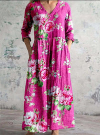 Kitty | Women's Floral V-Neck Maxi Dress in Dark Pink