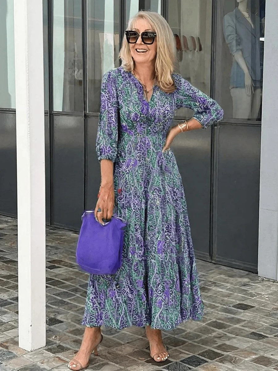 Klara | Women's Floral V-Neck Midi Dress in Blue