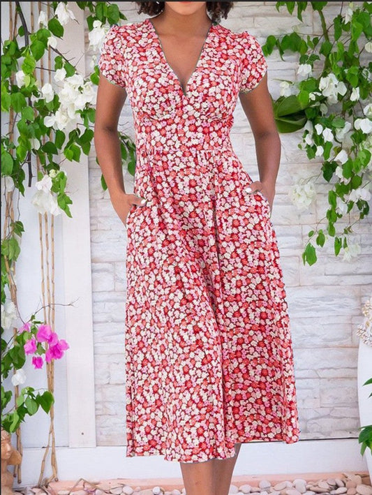 Konstanze | Women's Floral V-Neck Midi Short Sleeves Dress in Red B