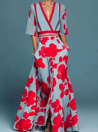 Lacey | Women's Elegant Floral Maxi Dress with Deep V-Neck and Flowing Silhouette in Red