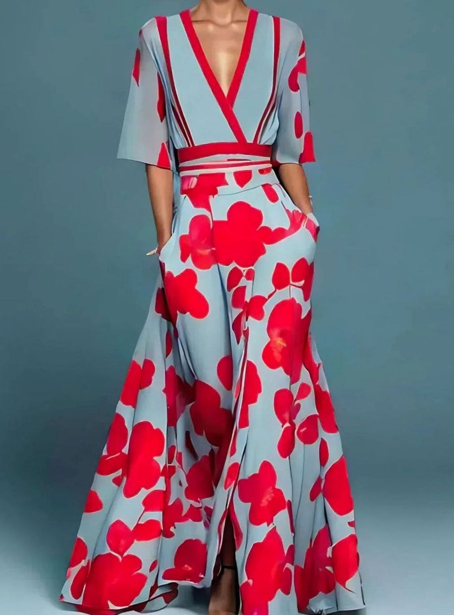 Lacey | Women's Elegant Floral Maxi Dress with Deep V-Neck and Flowing Silhouette in Red