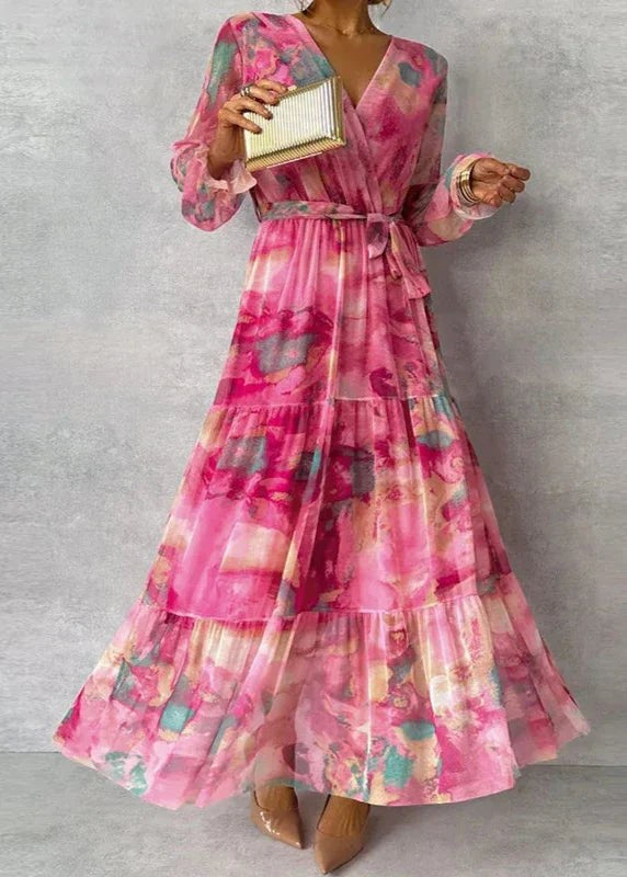 Lalage | Women's Floral Wrap Maxi with V-Neck Dress in Pink