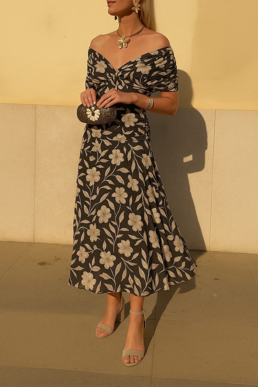 Lara | Women's Floral Wrap Midi Dress in Black