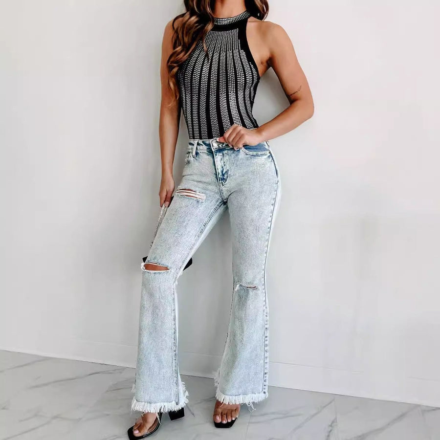 Laure | Women's Fringe Fashionable Jeans in Light Blue