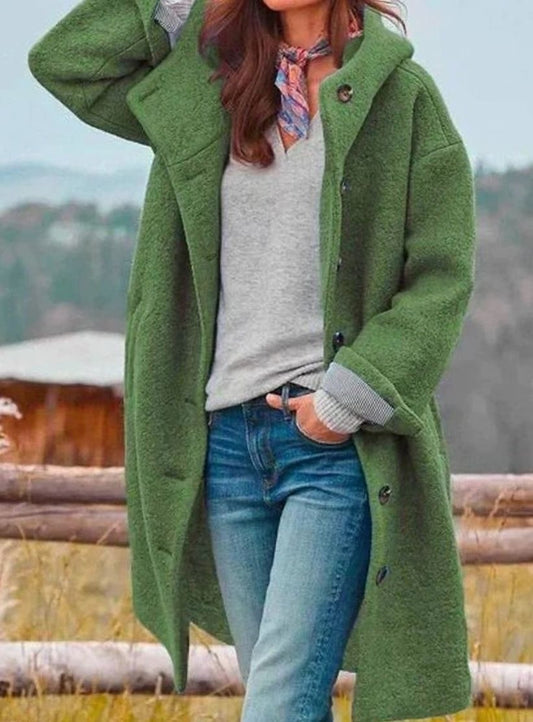 Laurel | Women's Soft Wool Winter Coat with Hood and Buttons in Dark Green