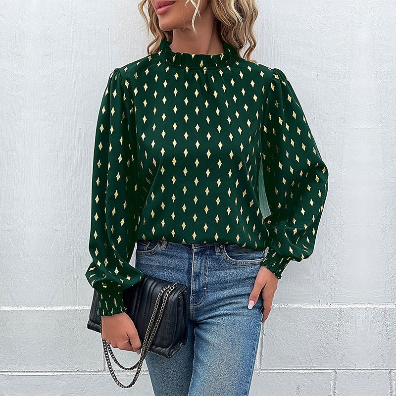 Laverna | Women's Stand Collar Elegant Blouse in Green