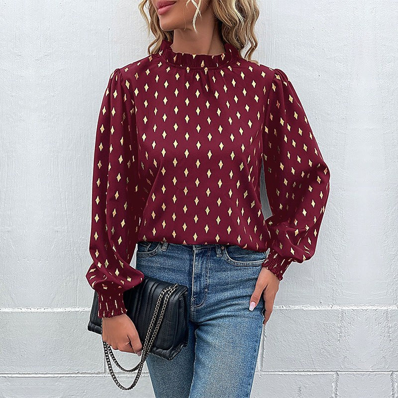 Laverna | Women's Stand Collar Elegant Blouse in Wine Red