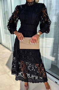 Leah | Women's High Neck Openwork Dress in Black
