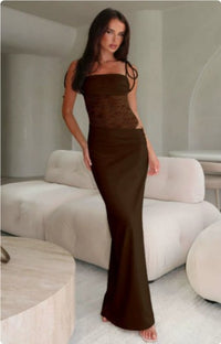 Leila | Women's Lace Panel Maxi Dress in Dark Brown